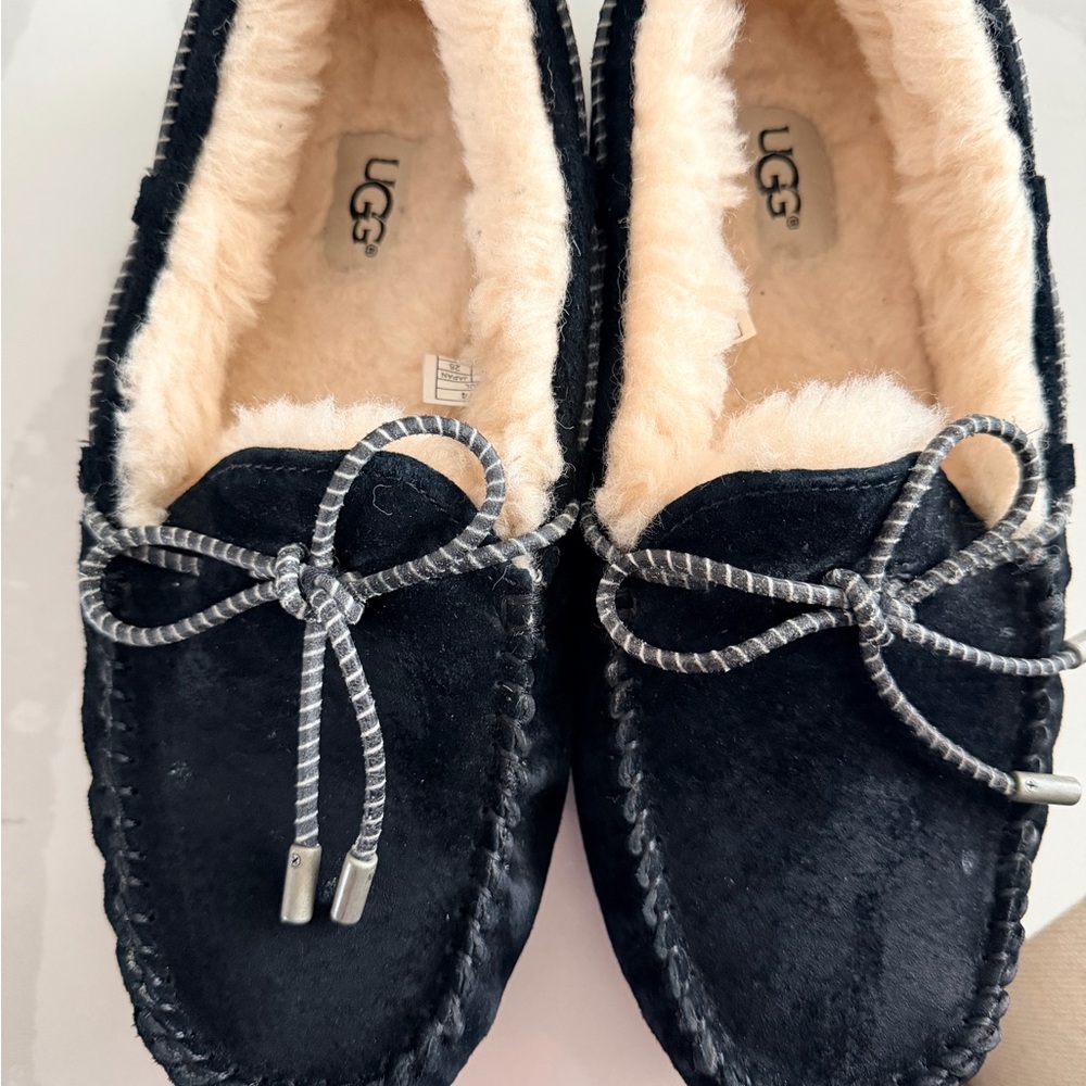 UGG Black and Cream Suede Slippers